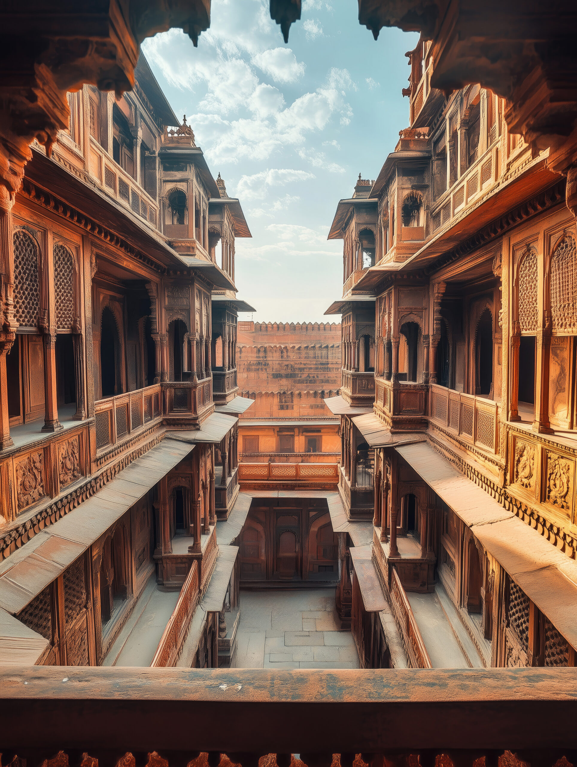 A beautiful architectural scene of an old building in the Agra, India. Brick walls, three-story buildings with wooden balconies, in the style of traditional Indian-style architecture. Perspective, multy layers, Captured from a wide-angle lens, showcasing the sky view during daylight. --ar 3:4 --stylize 250 --v 6.1 Job ID: ba49ca5f-989c-4149-97a2-e849d16a50c9